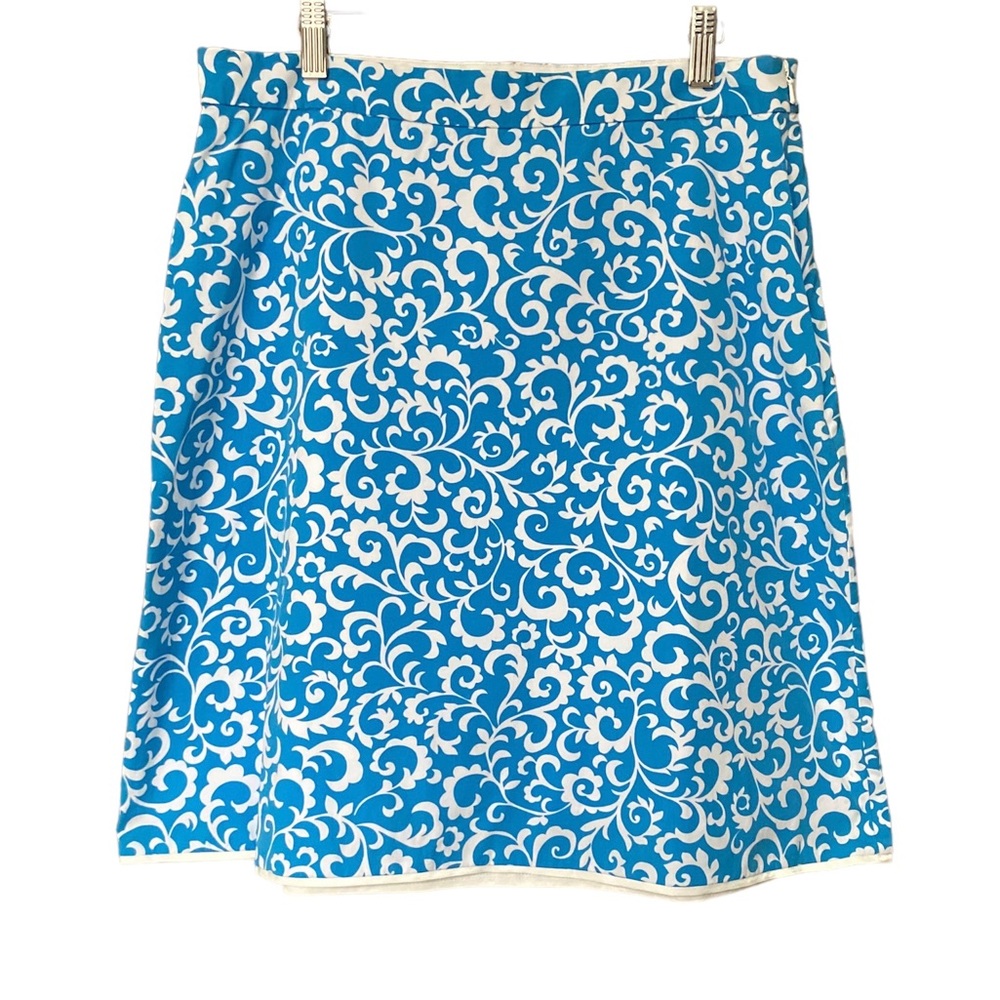 BROOKS BROTHERS Stretch Cotton A-line Skirt, Blue/White Swirl Print, Size 8